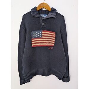 Vtg Polo Ralph Lauren Sweater American Flag Pullover Knit Mens XL Shawl 90s